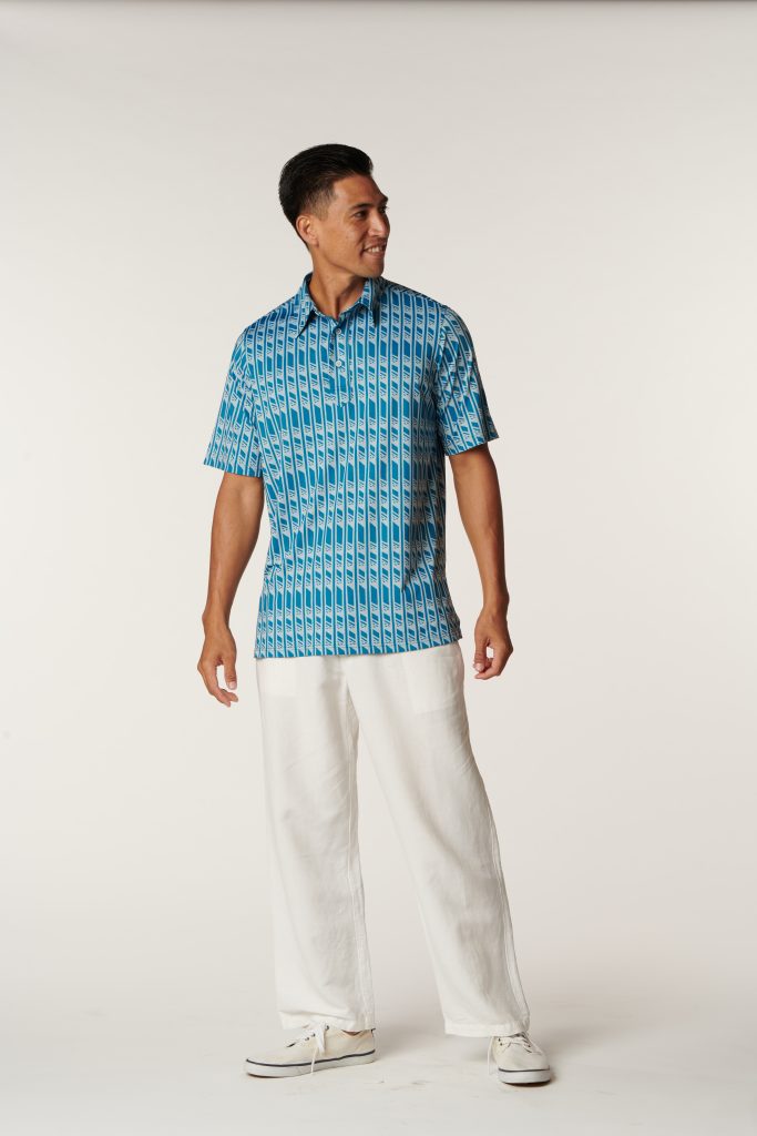 Male model wearing Aloha on the Green Pullover in Hulu Nene Print and Seaport Blue Color - Front View