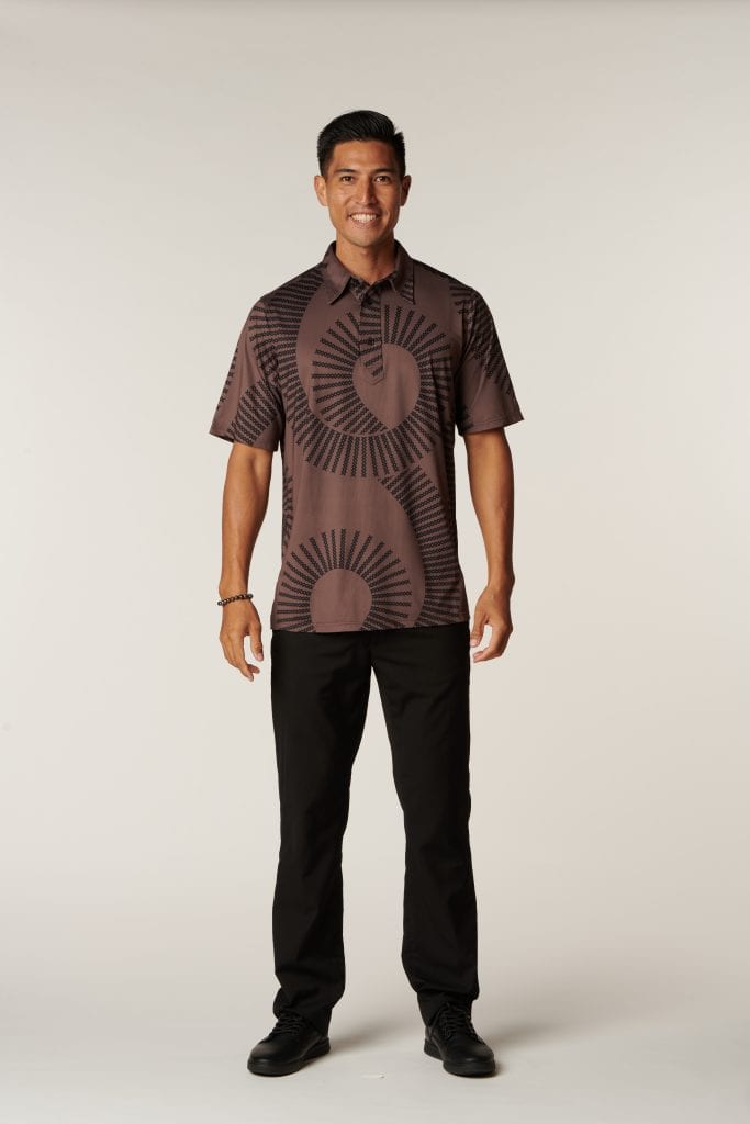 Male model wearing Aloha on The Green Pullover in Kane print and Brown Color - Front View