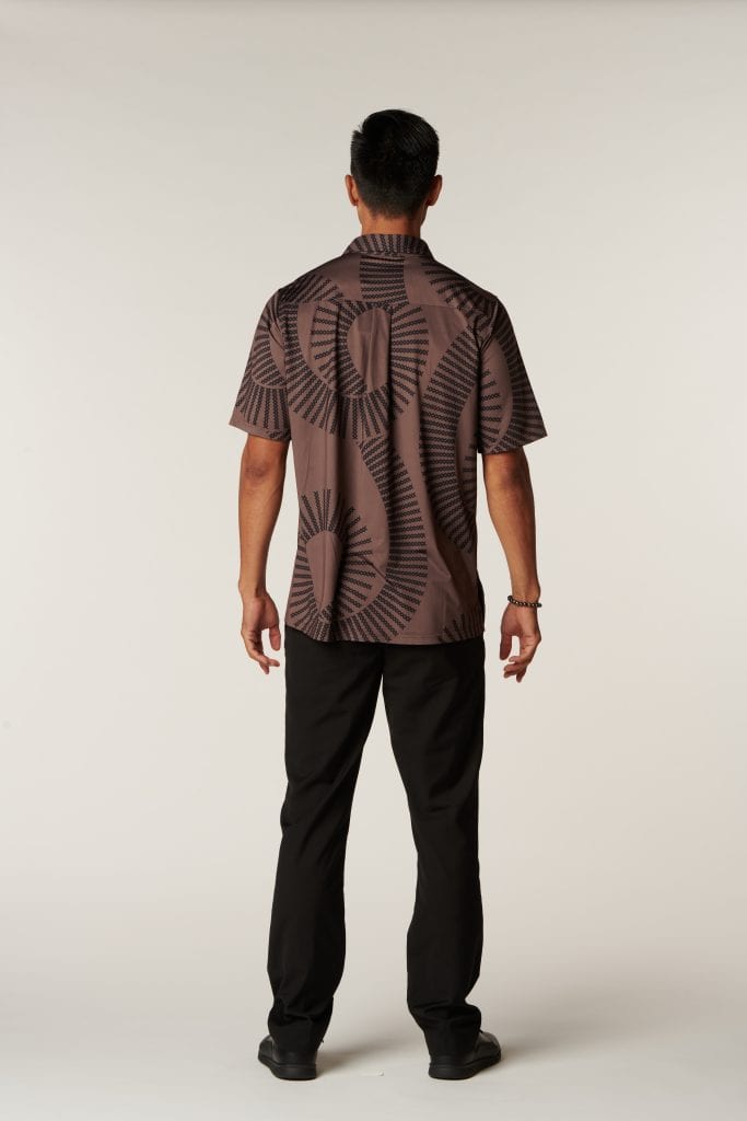 Male model wearing Aloha on The Green Pullover in Kane print and Brown Color - Back View