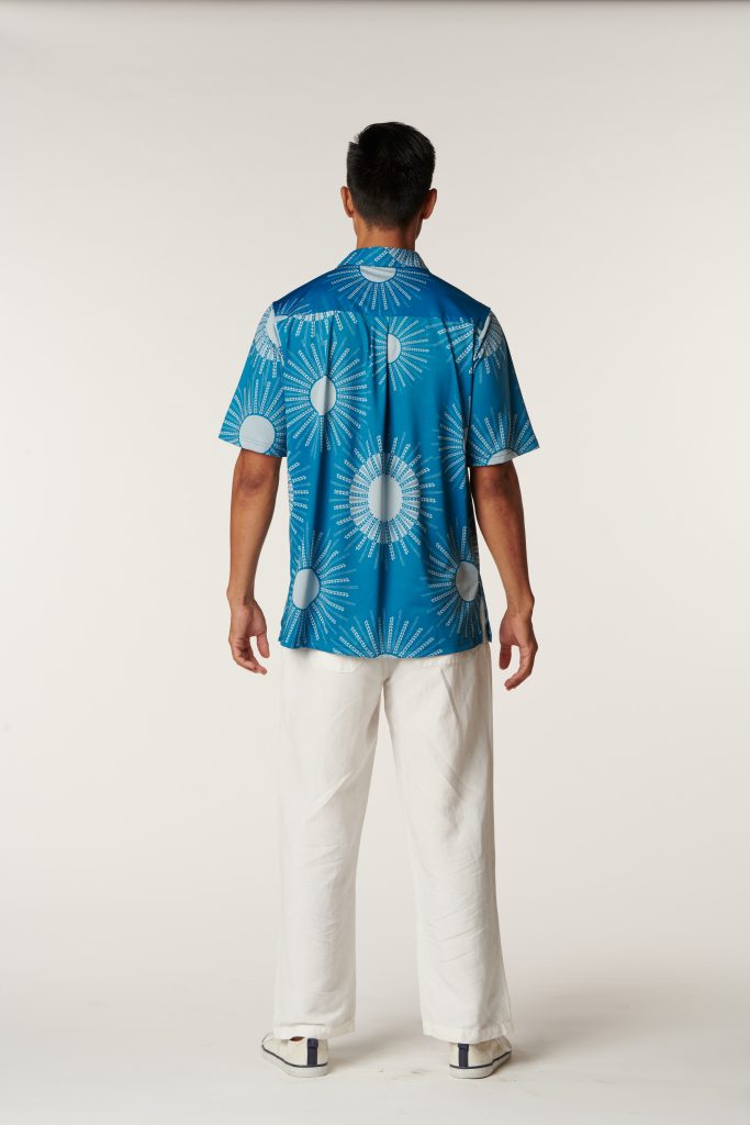 Male model wearing Aloha on The Green Pullover in a Kanehoalani Print and Seaport/Illusion Color - Back View