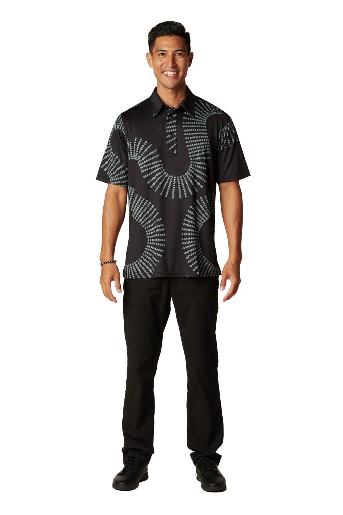 Male model wearing Aloha on the Green Pullover in Pewa Print and Black-Abyss Color - Front View