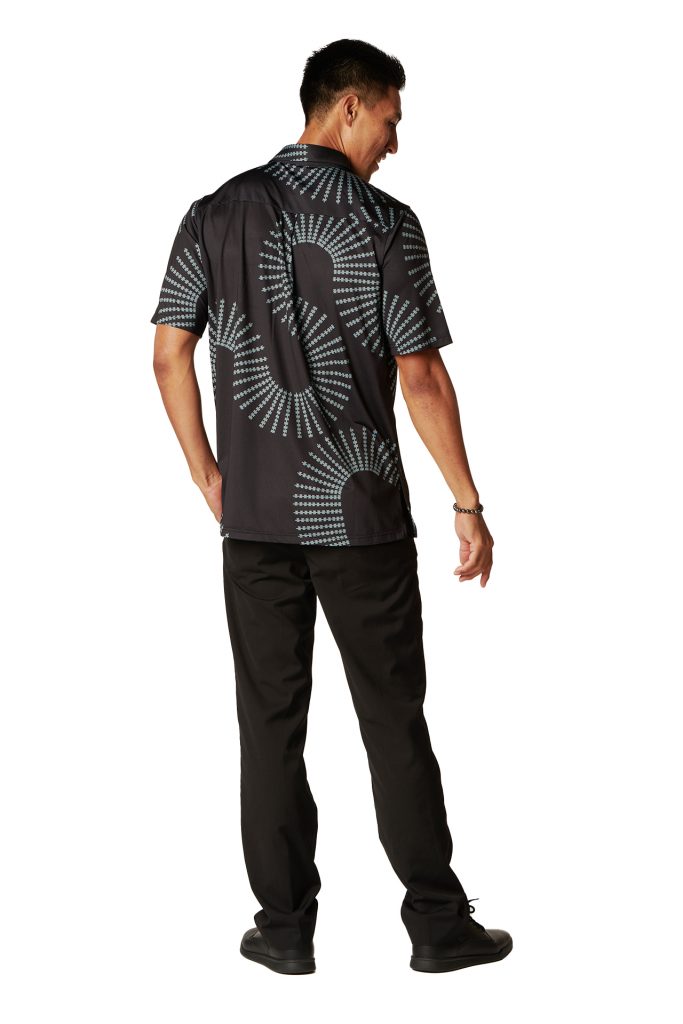 Male model wearing Aloha on the Green Pullover in Pewa Print and Black-Abyss Color - Back View