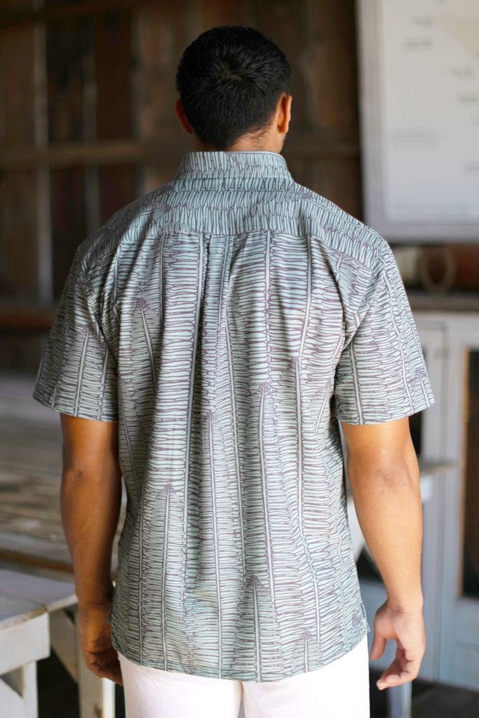 Male model wearing Mahalo SS in Kupukupu Pattern - Back View