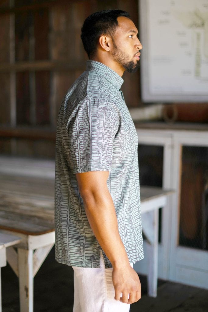Male model wearing Mahalo SS in Kupukupu Pattern - Side View