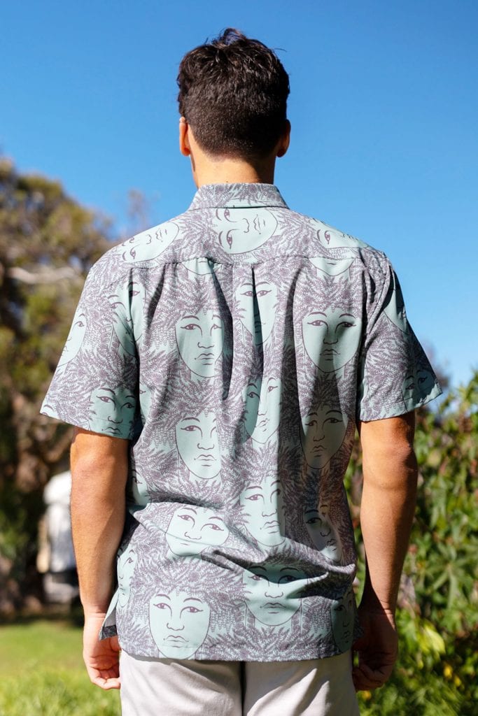 Male model wearing Mahalo SS in Laukapalili Pattern - Back View