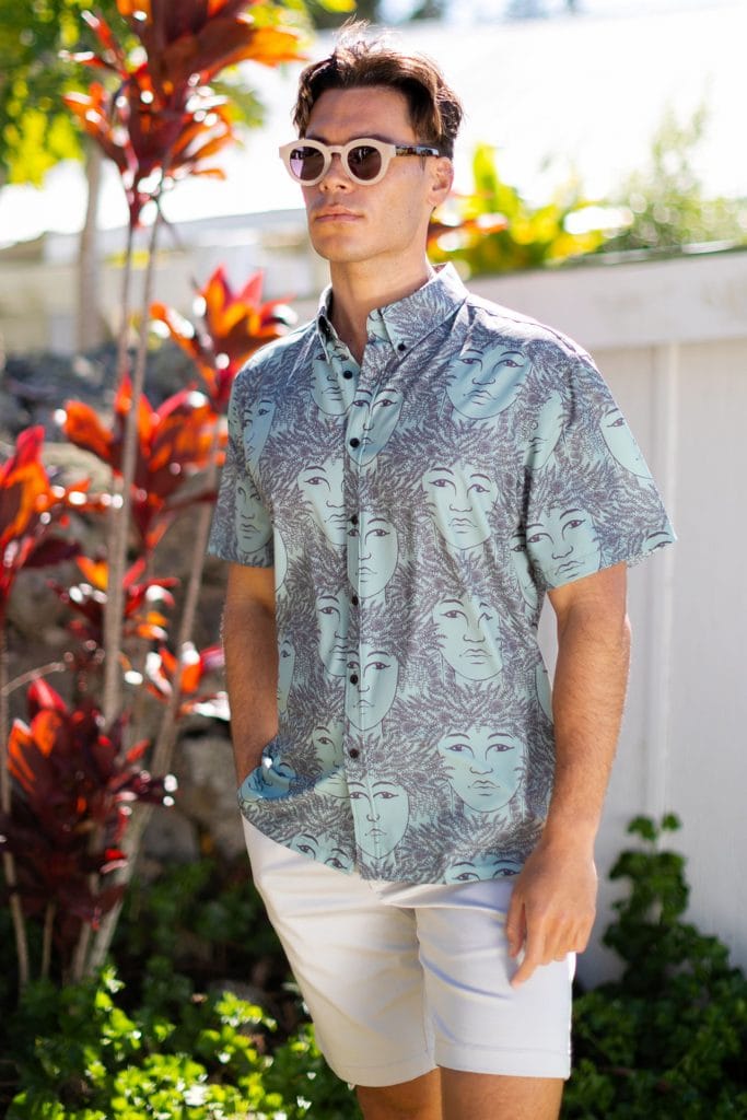 Male model wearing Mahalo SS in Laukapalili Pattern - Front View