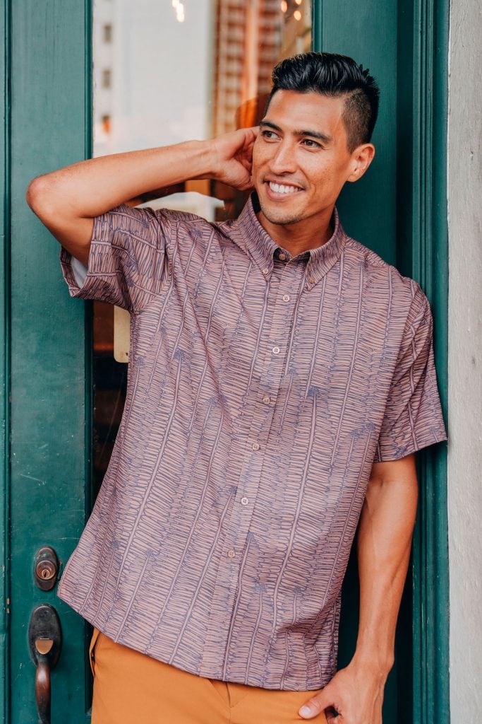 Male model wearing Mahalo Shirt S-S in Kupukupu - Front View