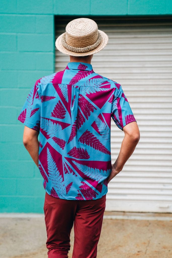 Male model wearing Mahalo Shirt S-S in Palapalai-AB - Back View