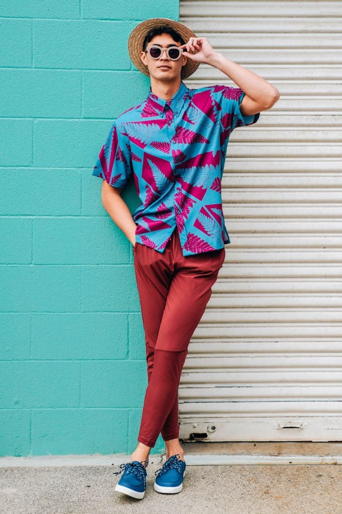 Male model wearing Mahalo Shirt S-S in Palapalai-AB - Front View