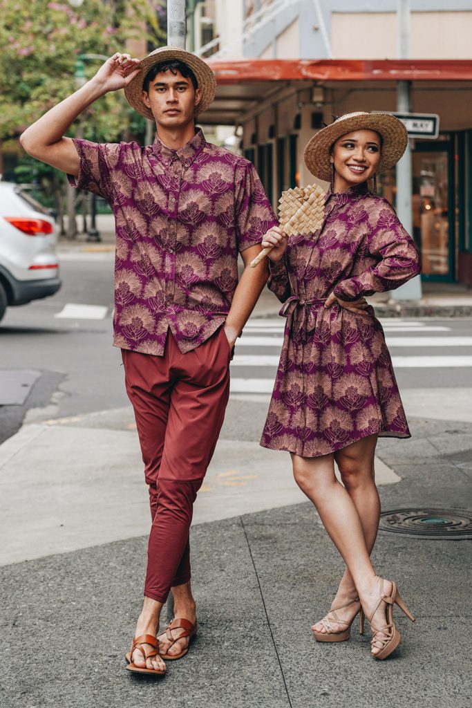 Male model wearing Mahalo Shirt S-S in Purple Potion-Lion, Kalihilehua Pattern